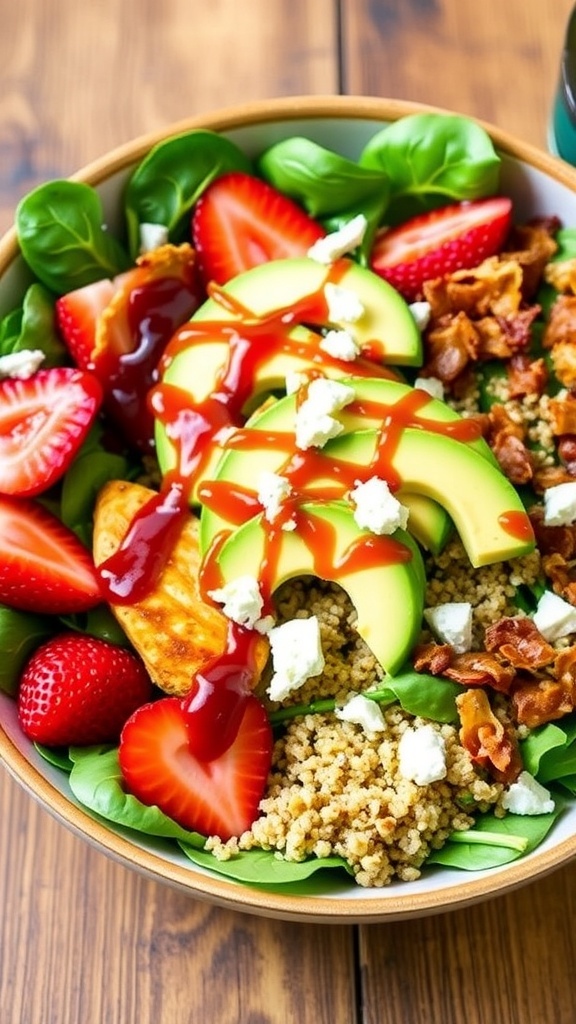 A vibrant salad with BBQ chicken, strawberries, avocado, bacon, and goat cheese on spinach and quinoa.